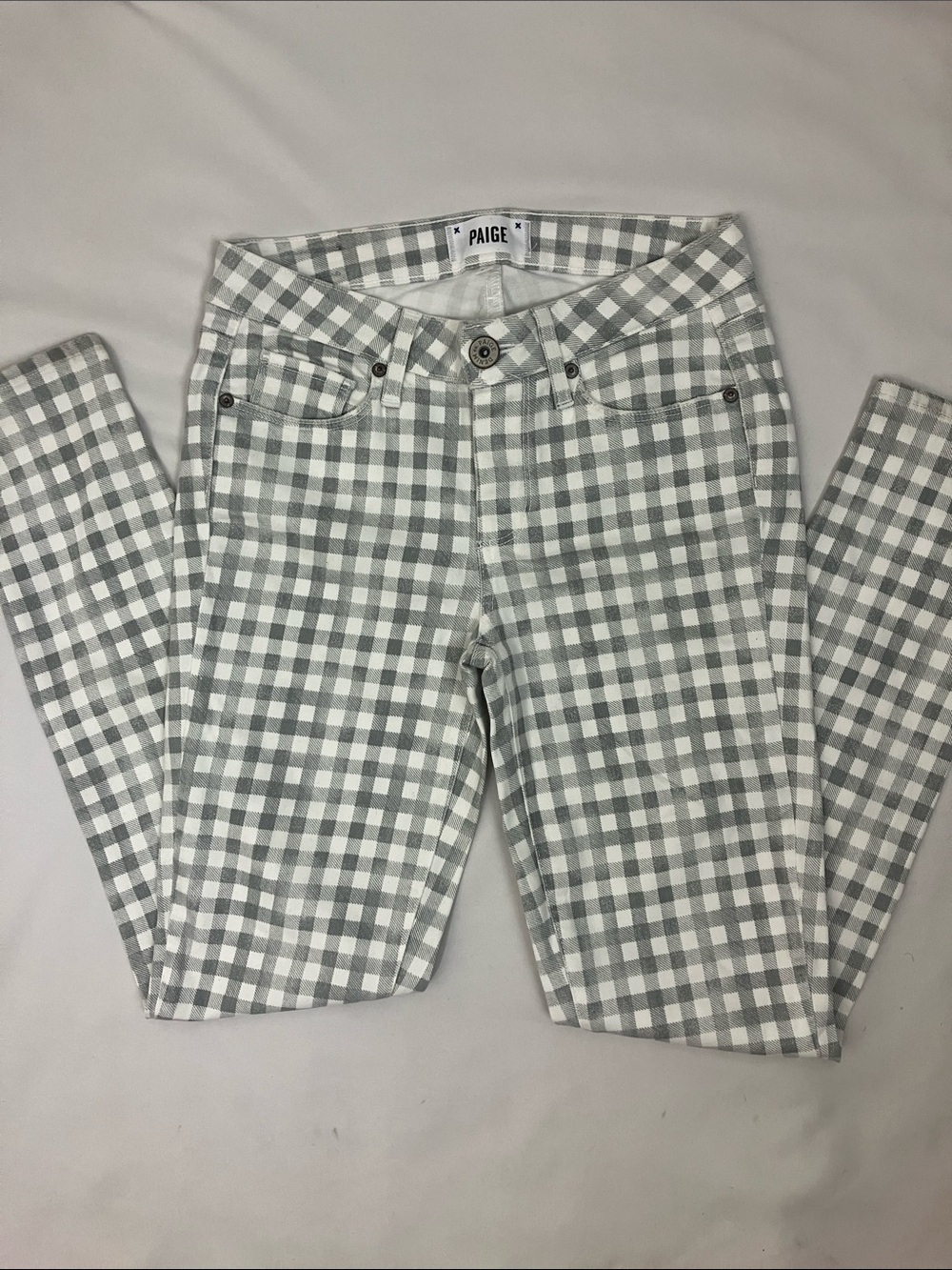 PAIGE Gray and White Gingham Skinny Jeans Women’s Size 27